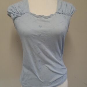 Storm Womens Light Blue Short Sleeve Embroidered Blouse Top Size L